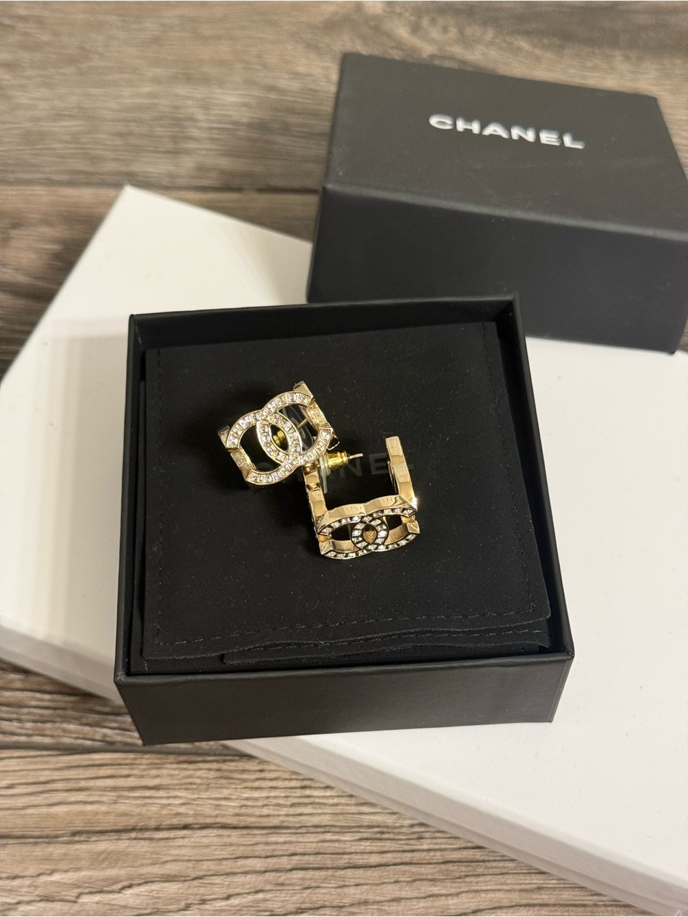 Chanel Gold Crystal Dimensional CC Dangle Statement Earrings
